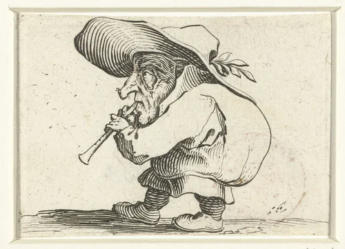 Kleine mens (karikatuur) met fluit (flageolet) by Jacques Callot, print, 1621-1625