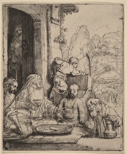 Abraham Entertaining the Angels by Rembrandt van Rijn, print, 1656