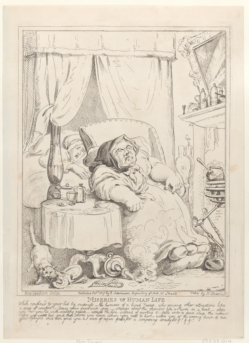 Miseries of Human Life: "While confined to your bed by sickness..." by Nicolaus Heideloff, print, 1807