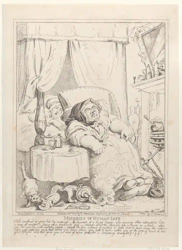 Miseries of Human Life: "While confined to your bed by sickness..." by Nicolaus Heideloff, print, 1807