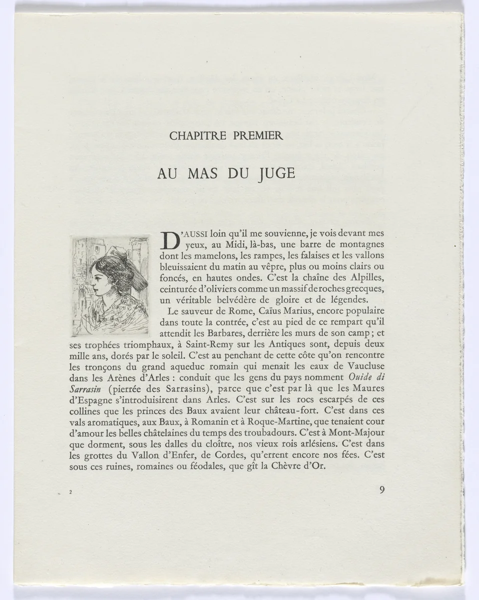 Frédéric Mistral: Mémoires et Recits by Frédéric Mistral: bust of woman in profile (page 9) by Auguste Brouet, other, 1937
