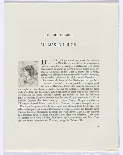 Frédéric Mistral: Mémoires et Recits by Frédéric Mistral: bust of woman in profile (page 9) by Auguste Brouet, other, 1937