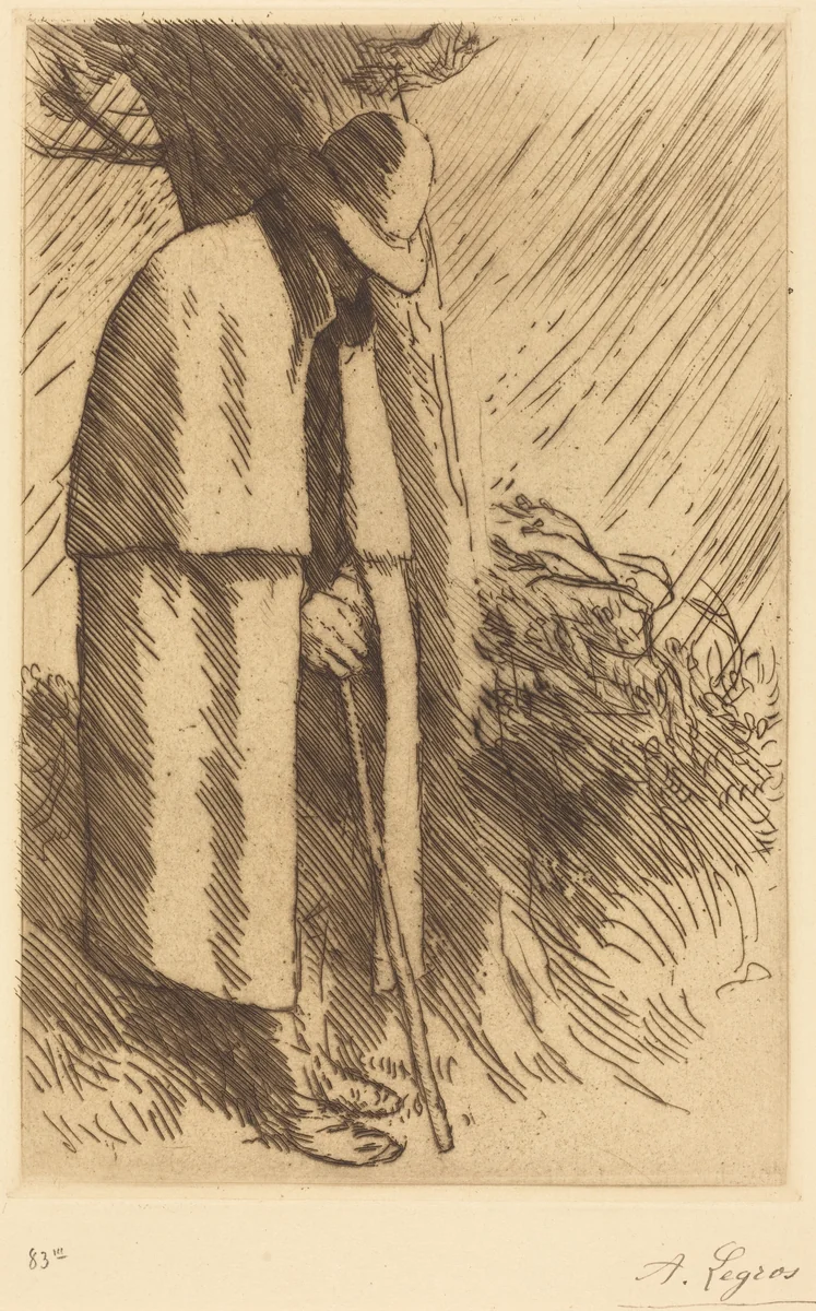 Traveler taking Shelter (Le voyageur a l'abri) by Alphonse Legros, print, 1837-1911