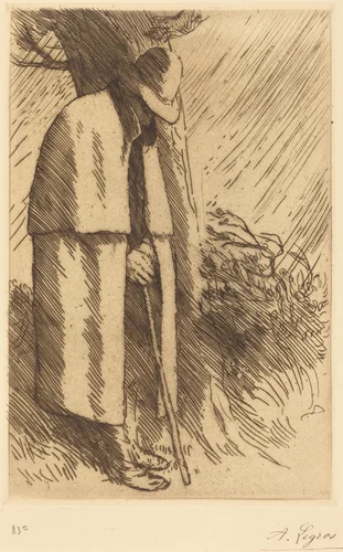 Traveler taking Shelter (Le voyageur a l'abri) by Alphonse Legros, print, 1837-1911