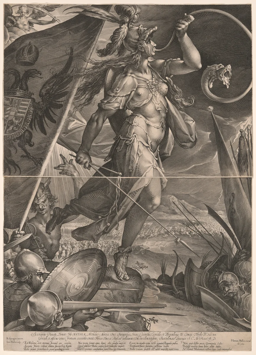 Bellona Leading the Imperial Armies by Jan Harmensz. Muller, print, 1600