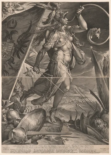 Bellona Leading the Imperial Armies by Jan Harmensz. Muller, print, 1600