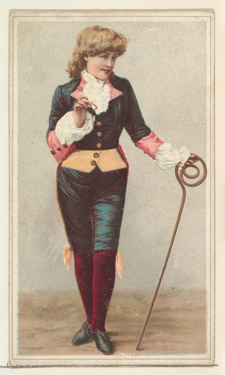 Actress wearing costume with elaborate cane, from Stars of the Stage, Second Series (N130) issued by Duke Sons & Co. to promote Honest Long Cut Tobacco by W. Duke, Sons & Co., print, 1891
