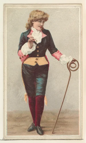Actress wearing costume with elaborate cane, from Stars of the Stage, Second Series (N130) issued by Duke Sons & Co. to promote Honest Long Cut Tobacco by W. Duke, Sons & Co., print, 1891