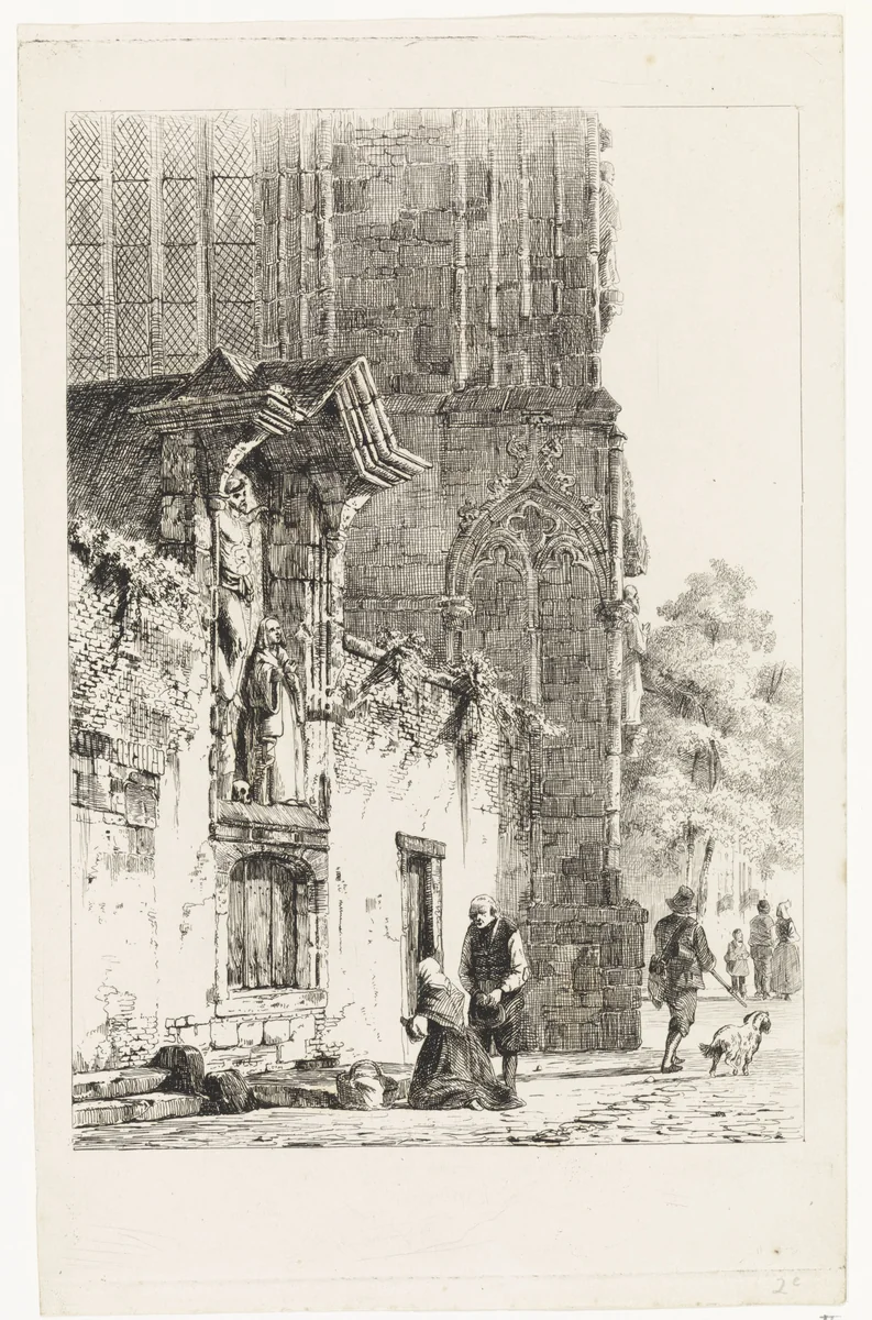 Vrouw knielend voor een kapelletje by Cornelis Springer, print, 1844