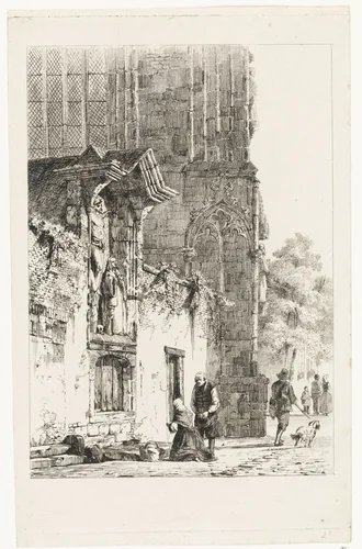 Vrouw knielend voor een kapelletje by Cornelis Springer, print, 1844