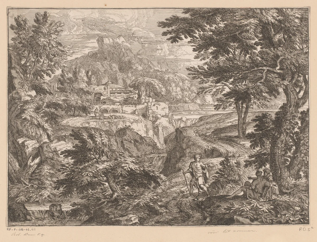 Landschap met een man en vrouw onder een boom gezeten en een staande man op een pad by Georges Focus, print, 1651-1708