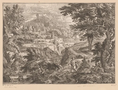 Landschap met een man en vrouw onder een boom gezeten en een staande man op een pad by Georges Focus, print, 1651-1708