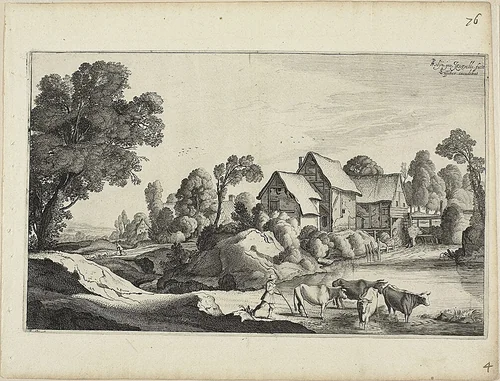 Herd of Cattle at a Ford Near a Watermill by Jan van de Velde II, print, 1646
