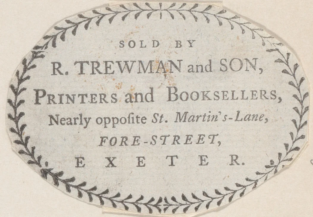 Trade Card for R. Trewman and Son, Printers and Booksellers by anonymous, print, 1700-1800
