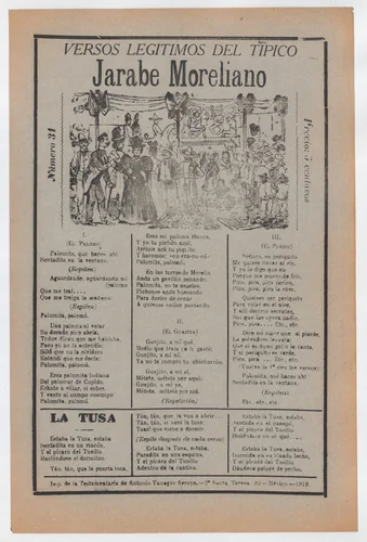 Broadsheet with songs for a Mexican courtship dance called the 'Jarabe Moreliano', a crowd of people and muscians by José Guadalupe Posada, print, 1914-1924
