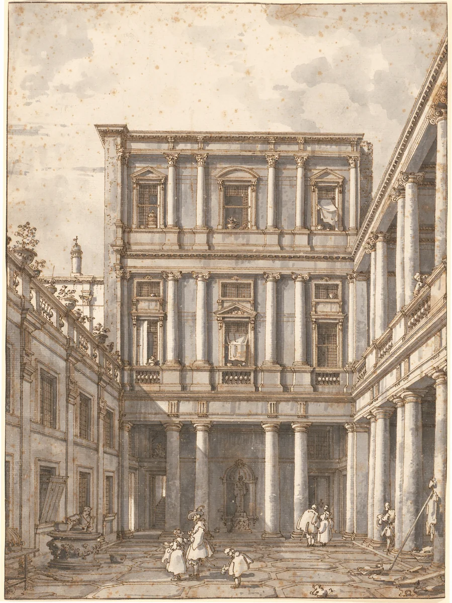 A Venetian Courtyard, in the Procuratie Nuove by Canaletto, drawing, 1760