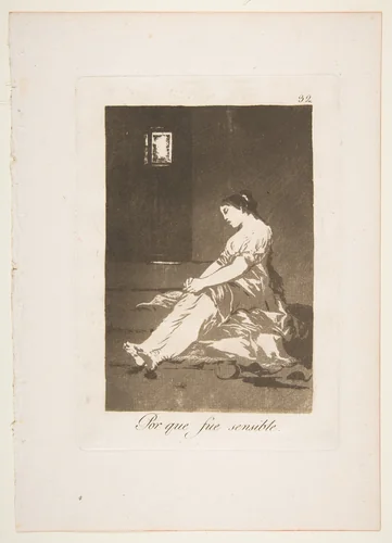 Plate 32 from "Los Caprichos": Because she was susceptible (Por que fue sensible) by Goya, print, 1799