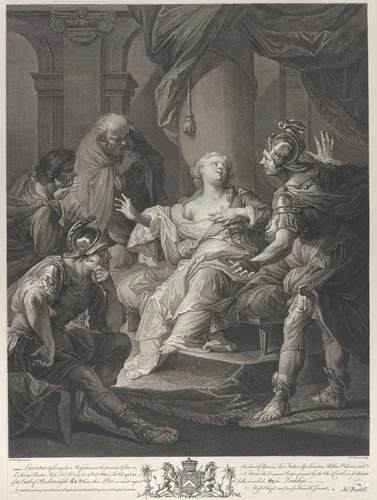 Lucretia deploring her misfortune to her husband Collatinus, her father, Publius Valerius, and Junius Brutus by Simon Ravenet, print, 1763