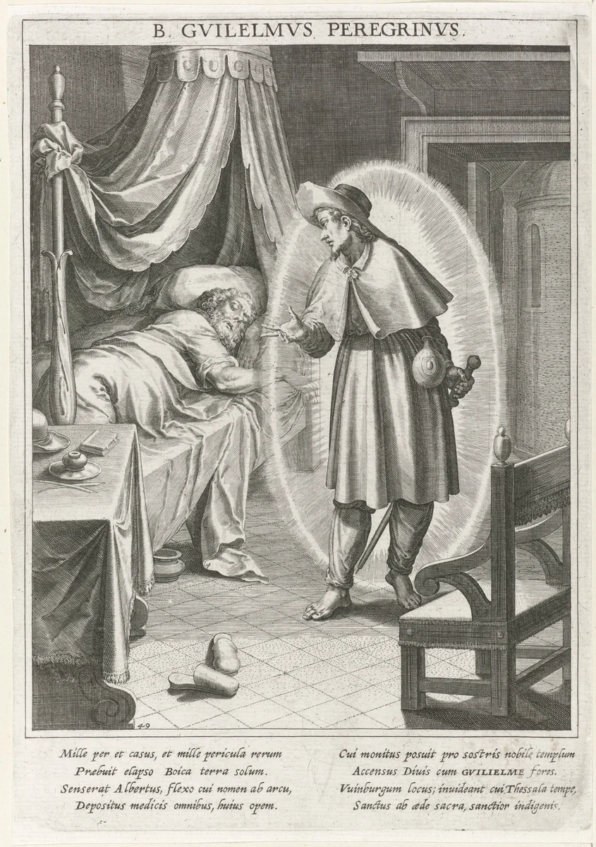 Wilhelmus van Sann verschijnt als pelgrim aan graaf Albert van Baden by Raphaël Sadeler, print, 1615