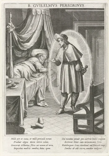 Wilhelmus van Sann verschijnt als pelgrim aan graaf Albert van Baden by Raphaël Sadeler, print, 1615