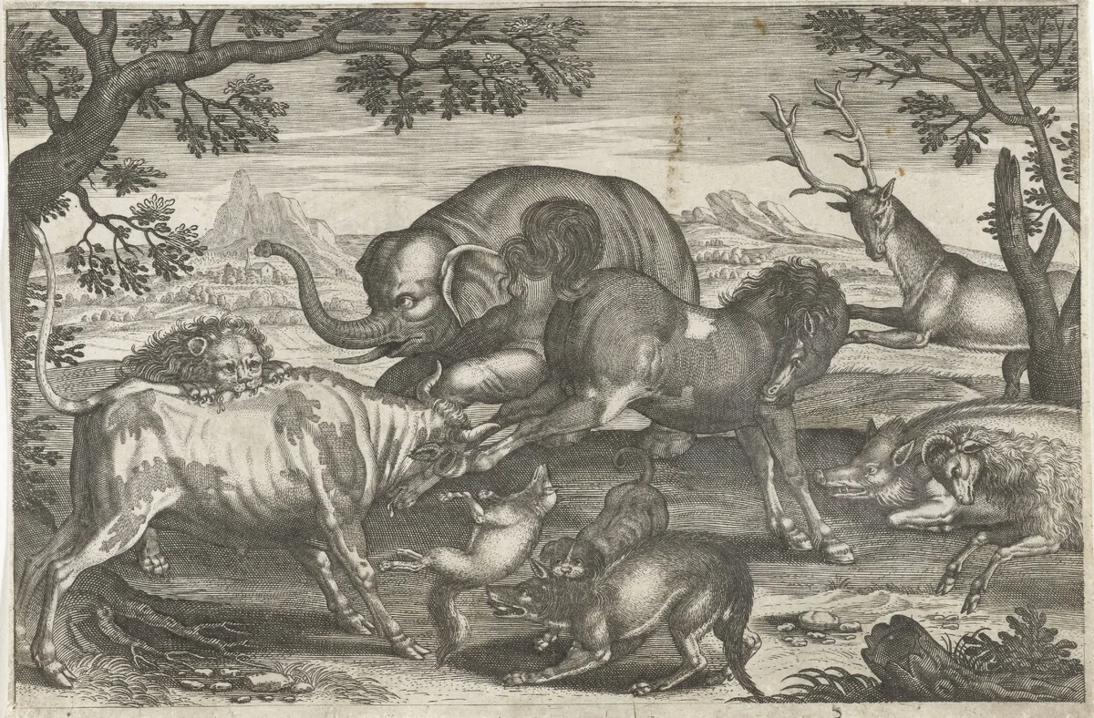 Vechtende dieren by anonymous, print, 1595-1652