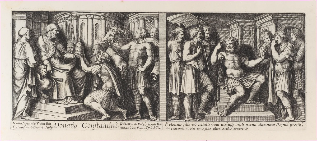 Two Biblical Scenes: Constantine donating the City of Rome to Pope Sylvester at left, after Raphael's Stanza di Eliodoro and The Judgement of Seleucids at right, after Raphael's Stanza della Segnatura, from a series of 15 plates depicting Raphael's works for the Vatican stanze and the Sistine Chapel tapestries by Pietro Santi Bartoli, print, 1650-1670