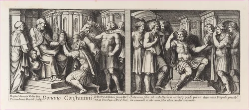 Two Biblical Scenes: Constantine donating the City of Rome to Pope Sylvester at left, after Raphael's Stanza di Eliodoro and The Judgement of Seleucids at right, after Raphael's Stanza della Segnatura, from a series of 15 plates depicting Raphael's works for the Vatican stanze and the Sistine Chapel tapestries by Pietro Santi Bartoli, print, 1650-1670