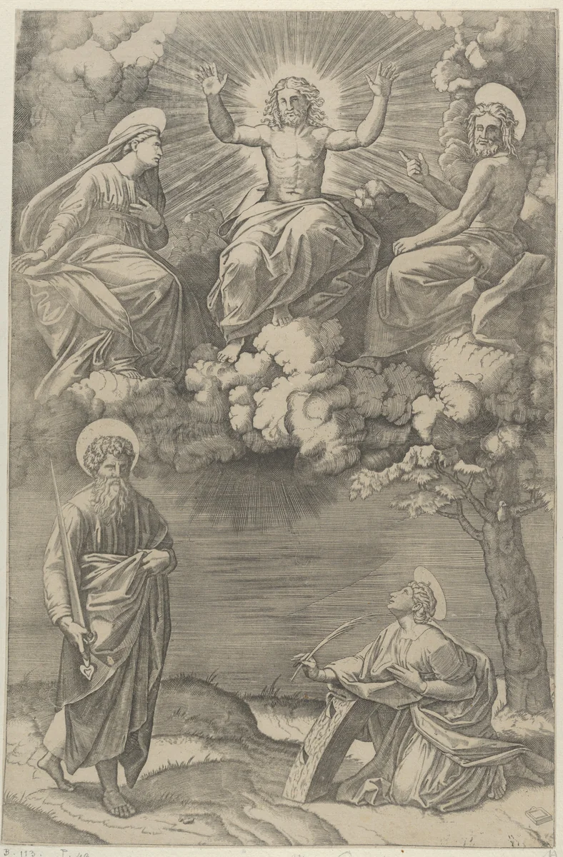 Christ flanked by the Virgin and St. John in the upper section, St. Paul and St. Catherine below by Marcantonio Raimondi, print, 1515-1525