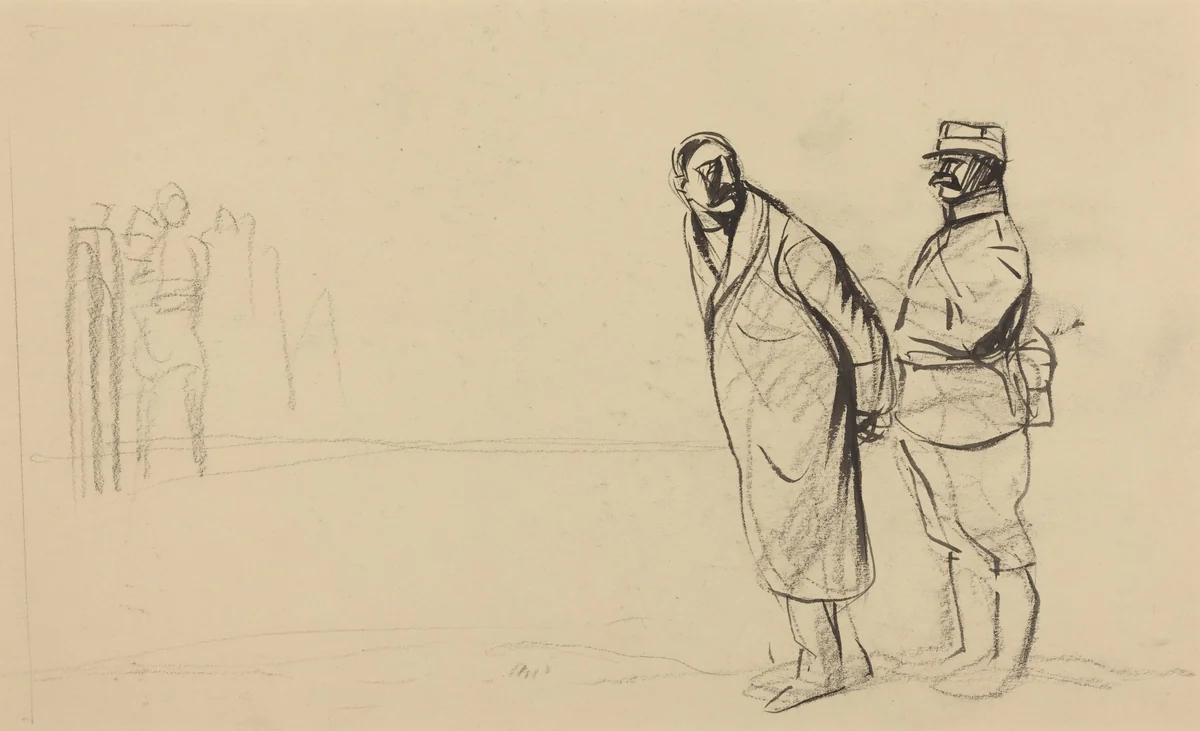 a) Au front de Vincennes, Bolo pacha (recto); b) Sketch for Au front de Vincennes, Bolo pacha (verso) by Jean-Louis Forain, drawing, 1914-1919