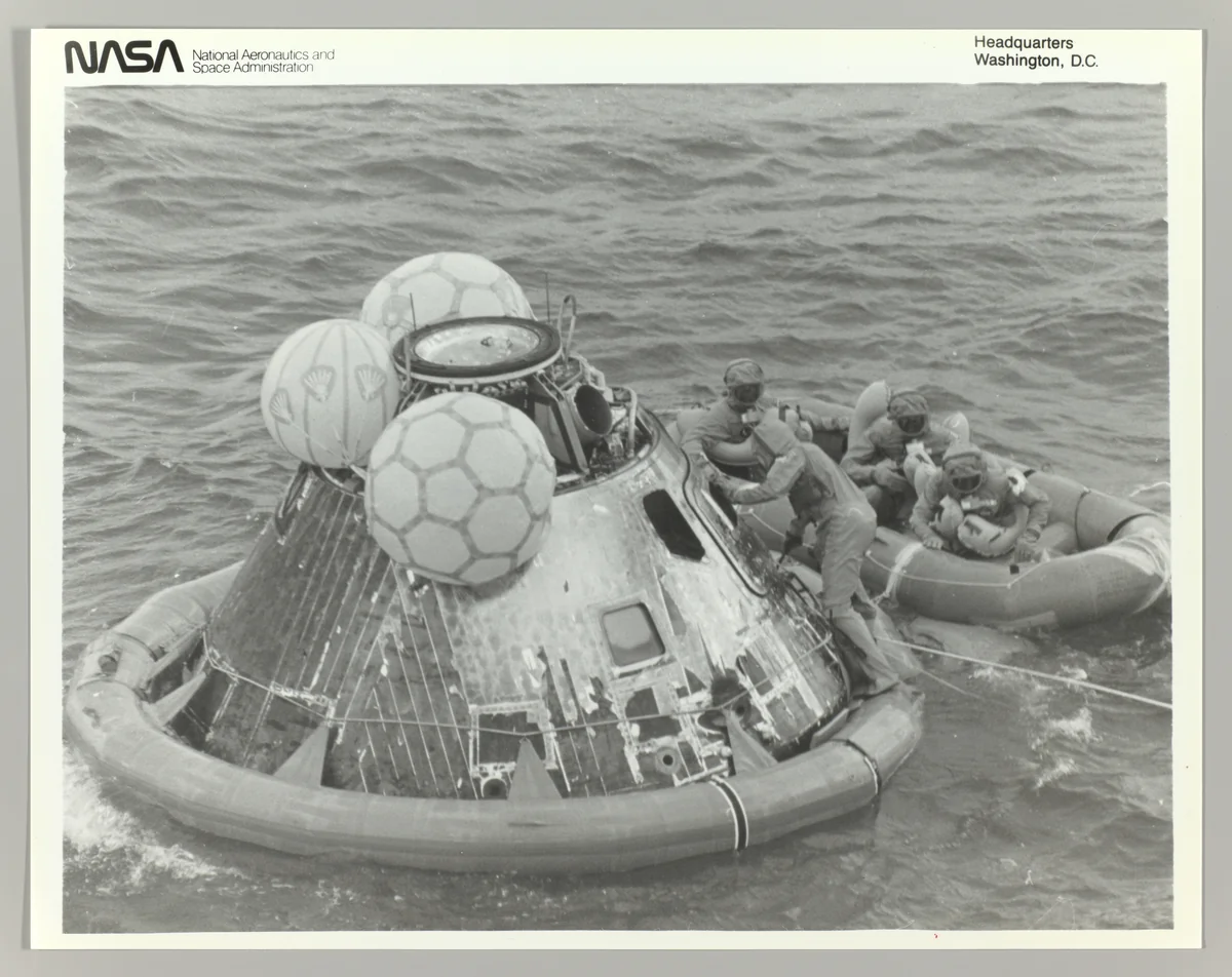 [Astronauts in Lifeboat After Apollo 11 Splashdown] by National Aeronautics and Space Administration, photograph, 1964-1974