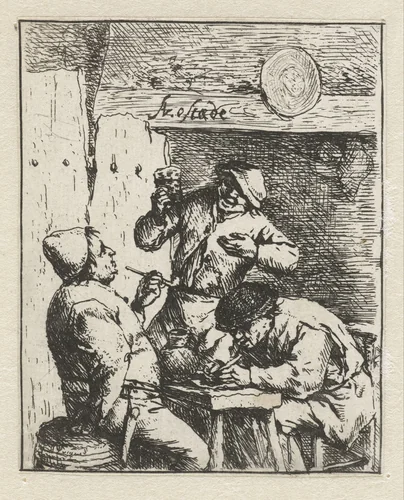 Twee rokers en drinker in herberg by Adriaen van Ostade, print, 1644-1648