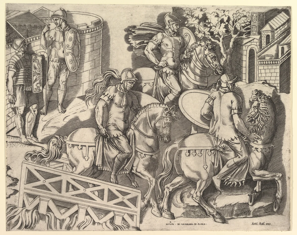 Roman Horsemen Crossing a Bridge (from Trajan's Column), from "Speculum Romanae Magnificentiae" by Marco Dente, print, 1515-1527