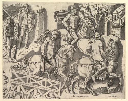 Roman Horsemen Crossing a Bridge (from Trajan's Column), from "Speculum Romanae Magnificentiae" by Marco Dente, print, 1515-1527