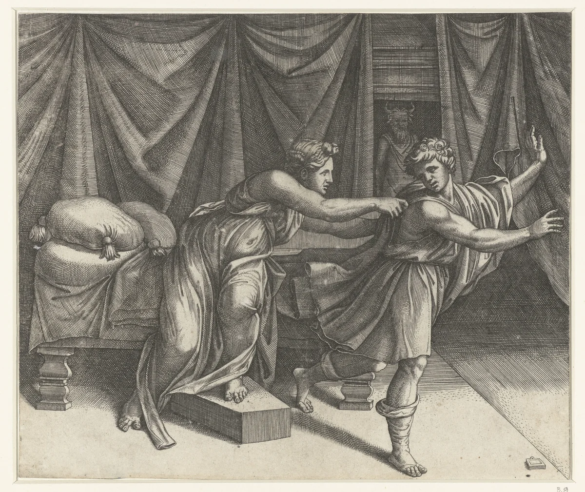 Jozef en de vrouw van Potifar by Marcantonio Raimondi, print, 1515-1525