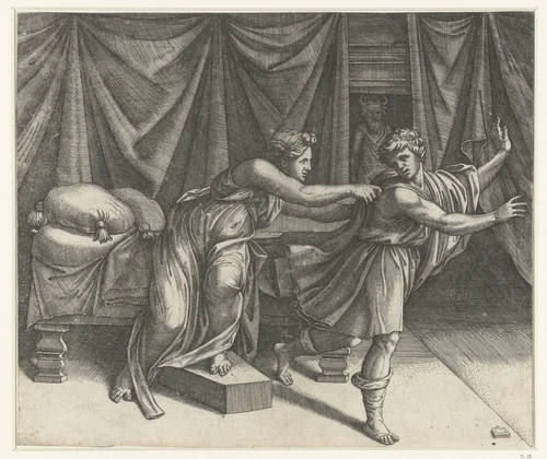 Jozef en de vrouw van Potifar by Marcantonio Raimondi, print, 1515-1525