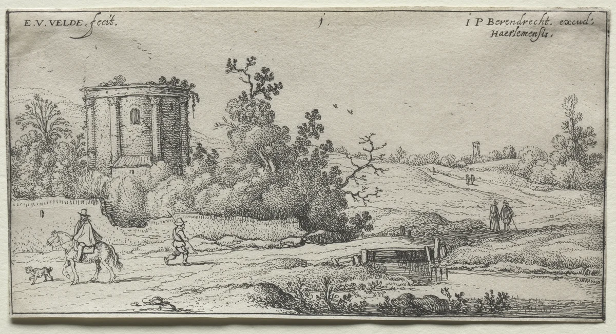 Landscapes: Landscape with Ruins of a Roman Temple by Esaias van de Velde, print, 1615-1645