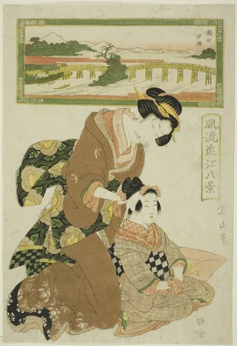 Evening Glow at Seta (Seta sekisho), from the series "Fashionable Eight Views of Omi (Furyu Omi hakkei)" by Kikukawa Eizan, drawing, 1809-1822