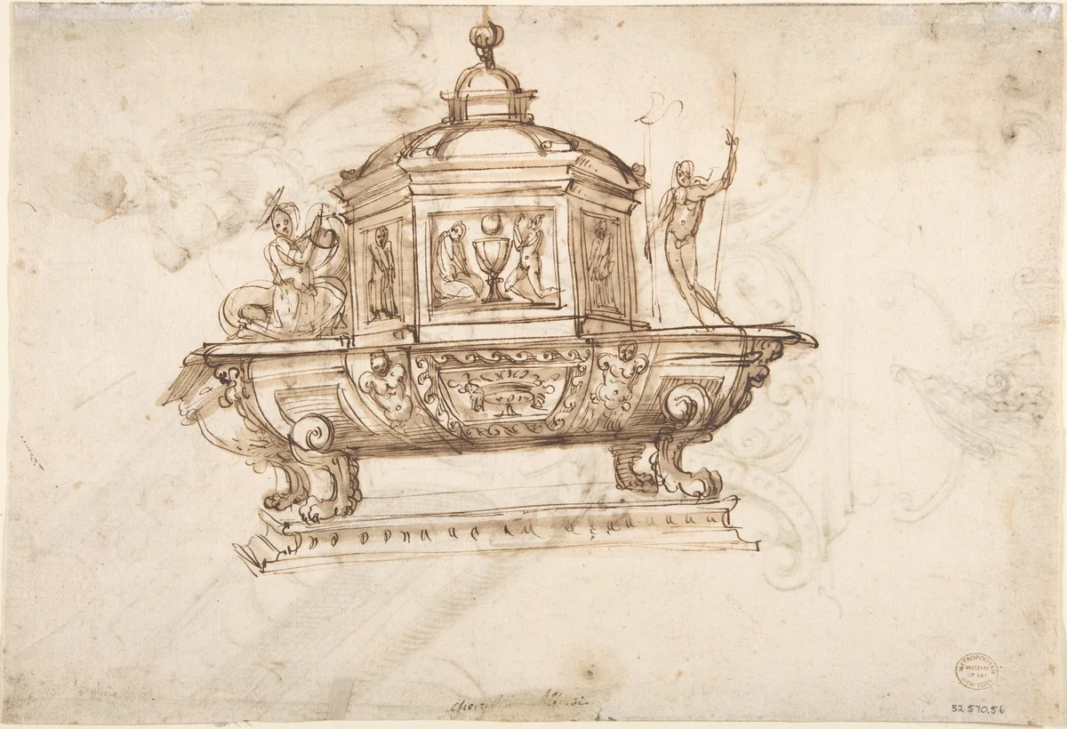 Design for a Liturgical Object with Statues of a Kneeling Saint and the Risen Christ (recto); Design for a Sepulcher (?) and Drawing of a Putto (verso). by anonymous, drawing, 1700-1830