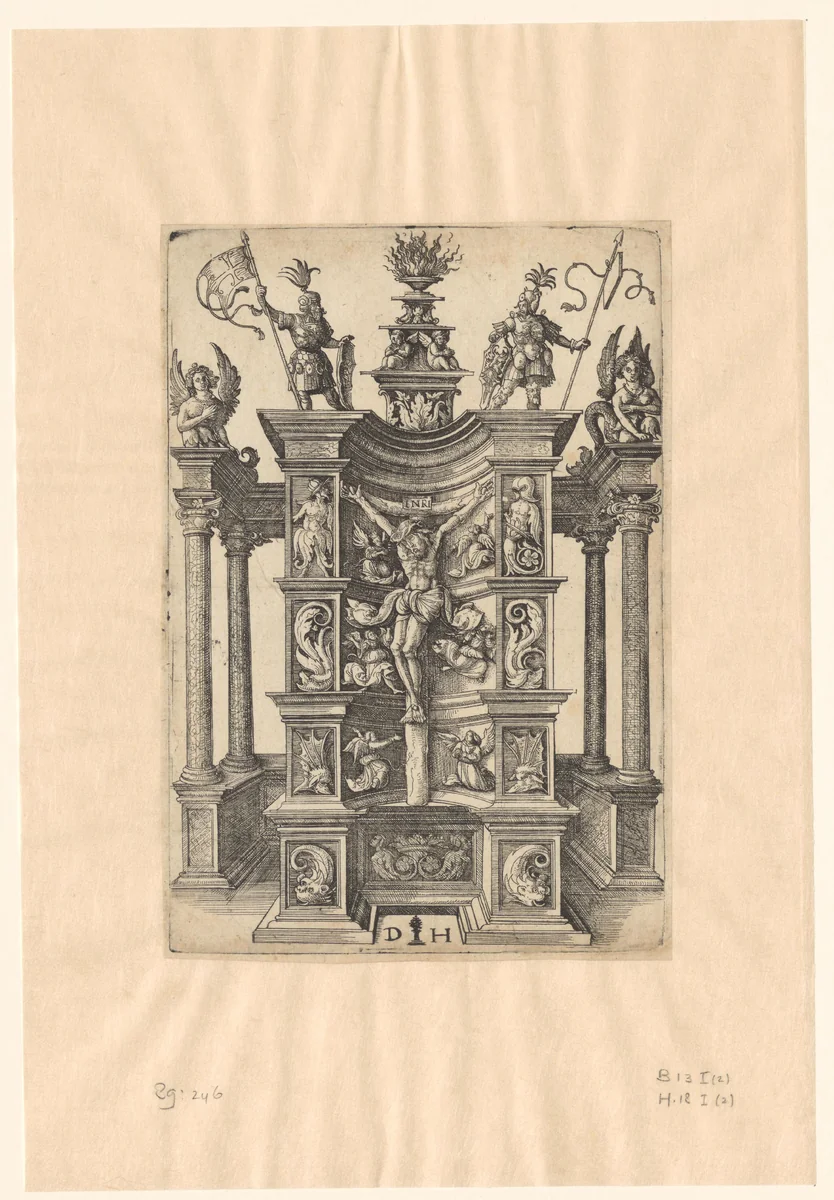 Christus aan het kruis in een nis by Unknown, print, 1480-1536