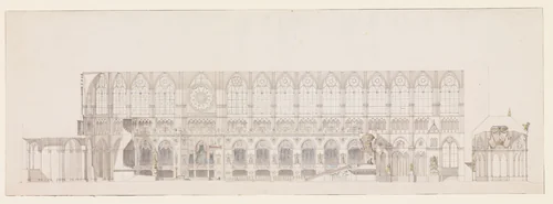 Cross Section of the Nave of Reims Cathedral, decorated for the Coronation of King Louis XVIII by Charles Percier, drawing, 1815