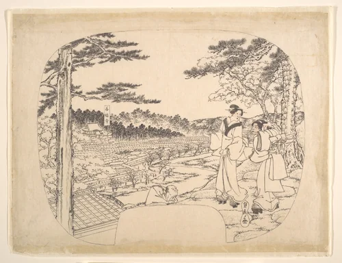 Two Women Admiring the Sights from a Vantage Point Overlooking the Zenpukuji Temple by Utagawa Sadahide, painting, 1807-1879