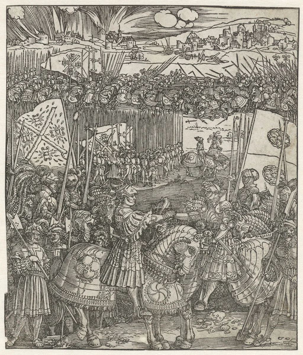 Verbond van Maximiliaan I met Hendrik VII by Albrecht Dürer, print, 1515