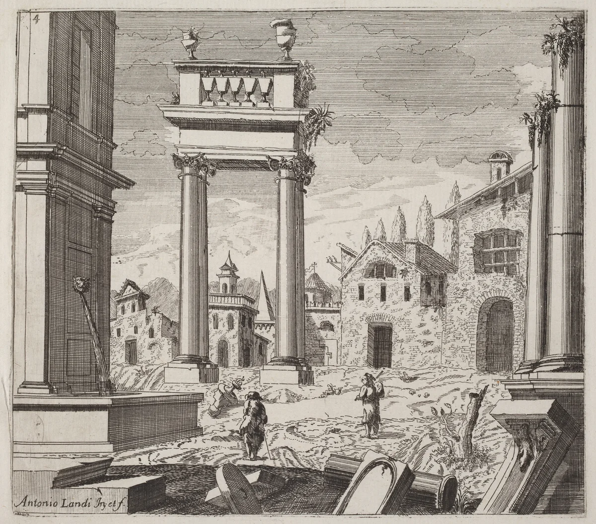 Architectural Fantasy with Classical Ruins and Vernacular Buildings by Giuseppe Antonio Landi, print, 1719-1753