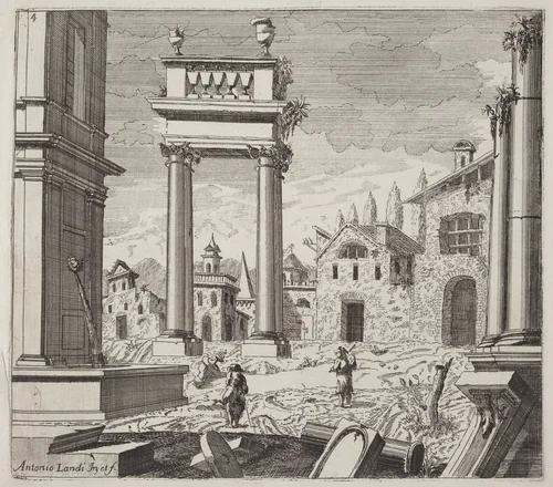 Architectural Fantasy with Classical Ruins and Vernacular Buildings by Giuseppe Antonio Landi, print, 1719-1753