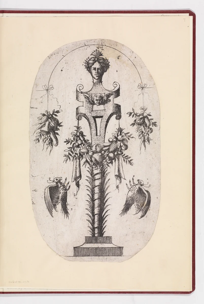 Design for a Term with the Head of Woman, Strapwork and Trophies by Jean Mignon, print, 1535-1555