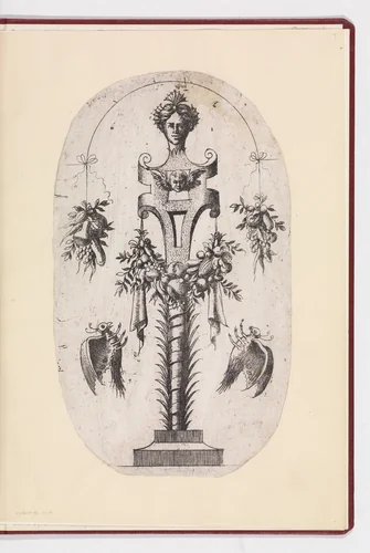 Design for a Term with the Head of Woman, Strapwork and Trophies by Jean Mignon, print, 1535-1555