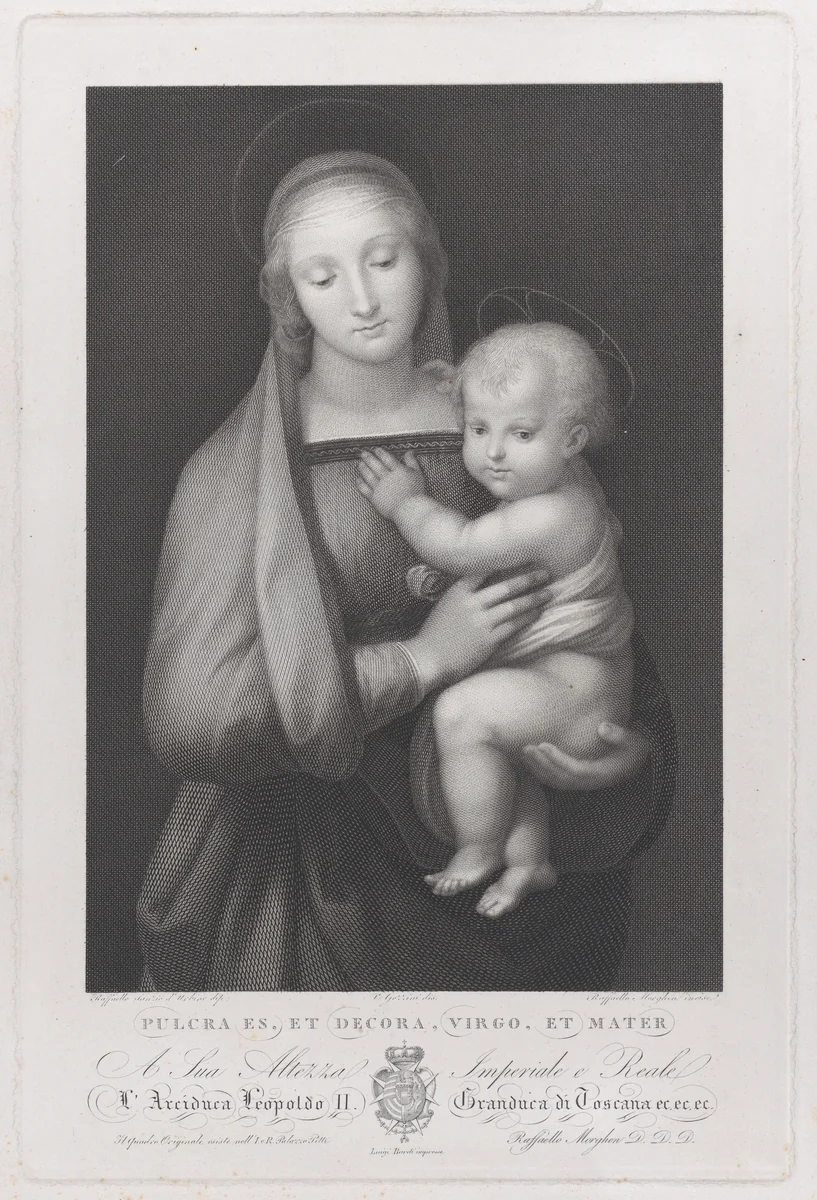 Madonna del Granduca, the standing Virgin holding the Christ child by Raphael Morghen, print, 1823