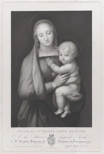Madonna del Granduca, the standing Virgin holding the Christ child by Raphael Morghen, print, 1823