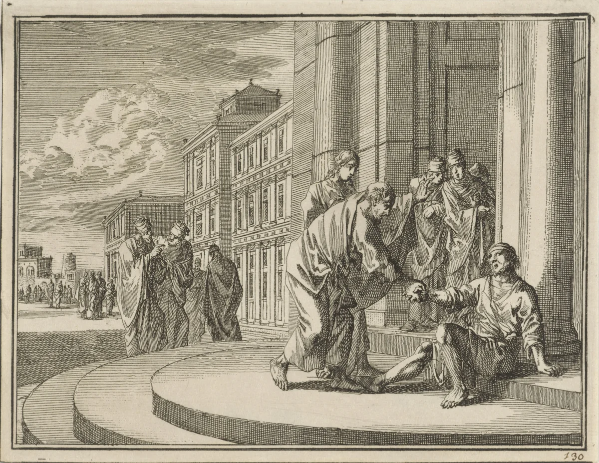 Petrus en Johannes genezen een verlamde man bij de tempelpoort by Jan Luyken, print, 1712