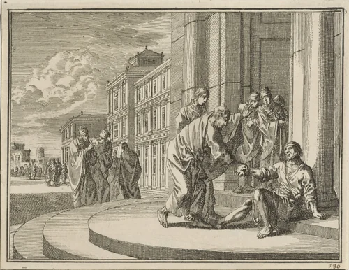 Petrus en Johannes genezen een verlamde man bij de tempelpoort by Jan Luyken, print, 1712